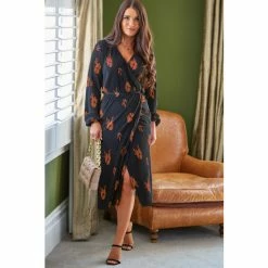 Pour Moi Black/ Chocolate Jada Plisse Long Sleeve Wrap Midi Dress