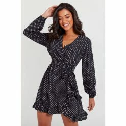 Pour Moi Black Kelly Woven Viscose Balloon Sleeve Frill Wrap Dress