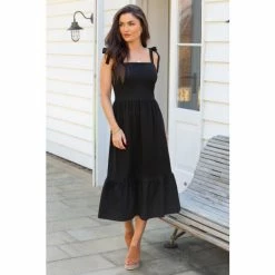 Pour Moi Black Laura Pique Tie Strap Tiered Midi Dress