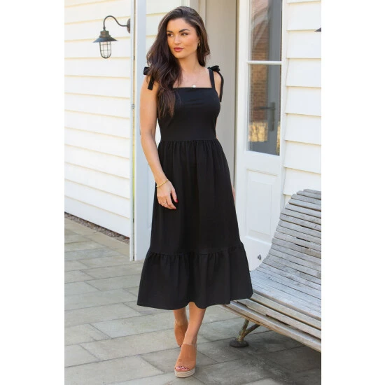 Pour Moi Black Laura Pique Tie Strap Tiered Midi Dress 1 Pour Moi Black Laura Pique Tie Strap Tiered Midi Dress