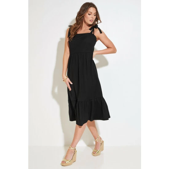Pour Moi Black Laura Pique Tie Strap Tiered Midi Dress 4 Pour Moi Black Laura Pique Tie Strap Tiered Midi Dress - Image 4