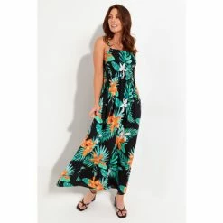 Pour Moi Black Tropical Removable Straps Shirred Bodice Maxi Dress