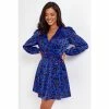 Pour Moi Blue Millie Faux Wrap Woven Satin Dress