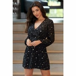 Pour Moi Black Gold Star Natalya Chiffon Wrap Front Dress