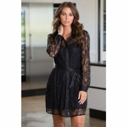 Pour Moi Black Clara Long Sleeve Lace Shirt Dress