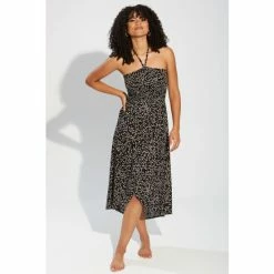 Pour Moi Black & White Spot Halter Neck Strap Shirred Bodice Maxi Dress