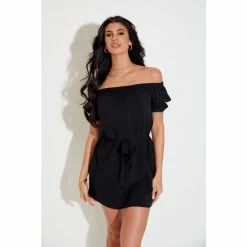 Pour Moi Black Woven Puff Sleeve Belted Bardot Dress -Pour Moi Shop unnamed file 1903