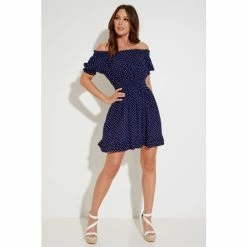 Pour Moi Blue Eloise Puff Sleeve Woven Bardot Dress