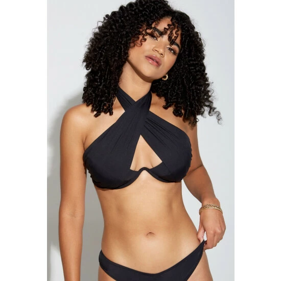 Pour Moi Black Space Halter Underwired Wrap Cut Out Top 1 Pour Moi Black Space Halter Underwired Wrap Cut Out Top