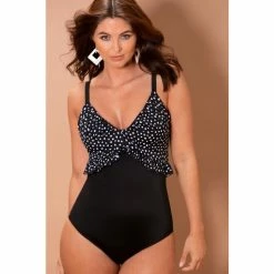 Pour Moi Black Hot Spots Frill Control Swimsuit
