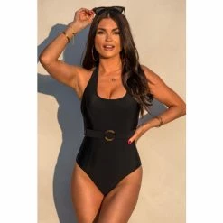 Pour Moi Black Belted Halter Control Swimsuit