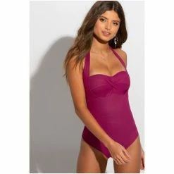Pour Moi Purple Dessert Island Twist Front Halter Tummy Control Swimsuit