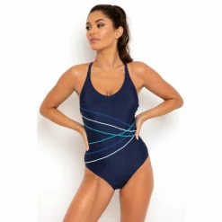 Pour Moi Blue Energy Chlorine Resistant Recycled V Neck Linear Swimsuit