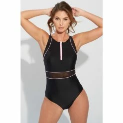Pour Moi Black Energy Chlorine Resistant High Neck Zip Front Swimsuit