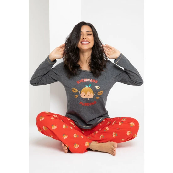 Pour Moi Grey Kissmass Pudding Cotton Jersey Christmas Pyjama Set 1 Pour Moi Grey Kissmass Pudding Cotton Jersey Christmas Pyjama Set
