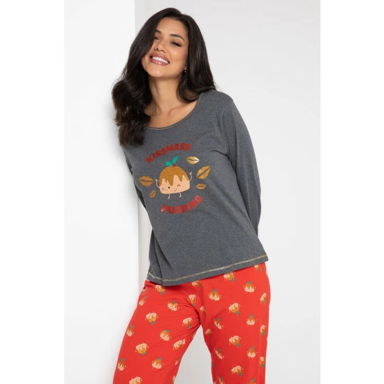 Pour Moi Grey Kissmass Pudding Cotton Jersey Christmas Pyjama Set 3 Pour Moi Grey Kissmass Pudding Cotton Jersey Christmas Pyjama Set - Image 3