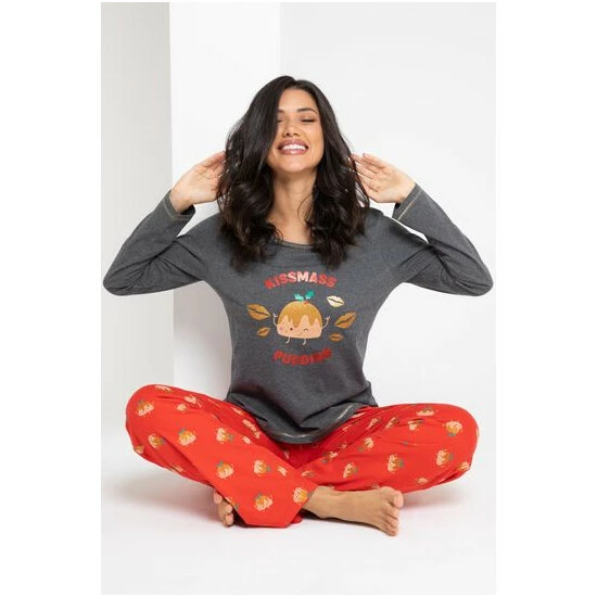 Pour Moi Grey Kissmass Pudding Cotton Jersey Christmas Pyjama Set 6 Pour Moi Grey Kissmass Pudding Cotton Jersey Christmas Pyjama Set - Image 6