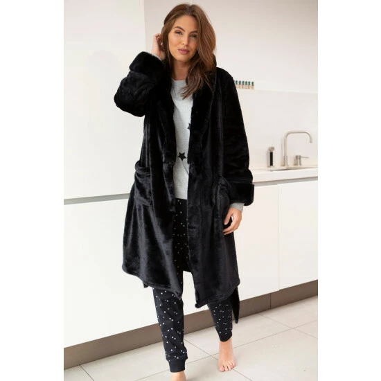 Pour Moi Black Faux Fur Trim Dressing Gown 2 Pour Moi Black Faux Fur Trim Dressing Gown - Image 2