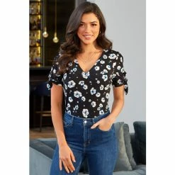 Pour Moi Black Bella Slinky Recycled Jersey Tie Sleeve Top -Pour Moi Shop unnamed file 3931