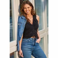 Pour Moi Black Tilly Sleeveless Jersey Ruche Front Crop Top