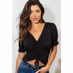 Pour Moi Black Tilly Jersey Ruche Front Crop Top