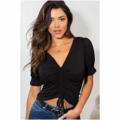 Pour Moi Black Tilly Jersey Ruche Front Crop Top -Pour Moi Shop unnamed file 3953