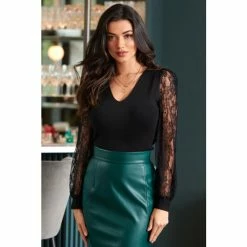 Pour Moi Black Clara Lace Sleeve V Neck Ecovero Knit Top -Pour Moi Shop unnamed file 3968