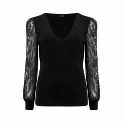 Pour Moi Black Clara Lace Sleeve V Neck Ecovero Knit Top -Pour Moi Shop unnamed file 3969