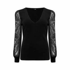 Pour Moi Black Clara Lace Sleeve V Neck Ecovero Knit Top -Pour Moi Shop unnamed file 3971
