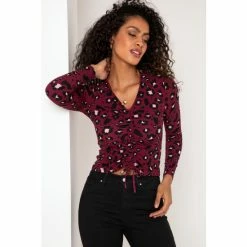 Pour Moi Berry Leopard Lana Ruche Front Slinky Recycled Jersey Top