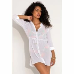 Pour Moi White Crinkle Button Through Beach Shirt