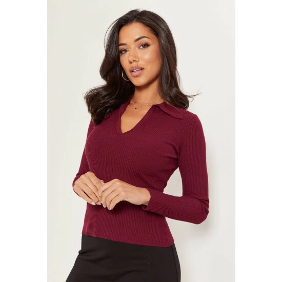 Pour Moi Pink Eva Ecovero Rib Knit V Neck Collar Top 2 Pour Moi Pink Eva Ecovero Rib Knit V Neck Collar Top - Image 2