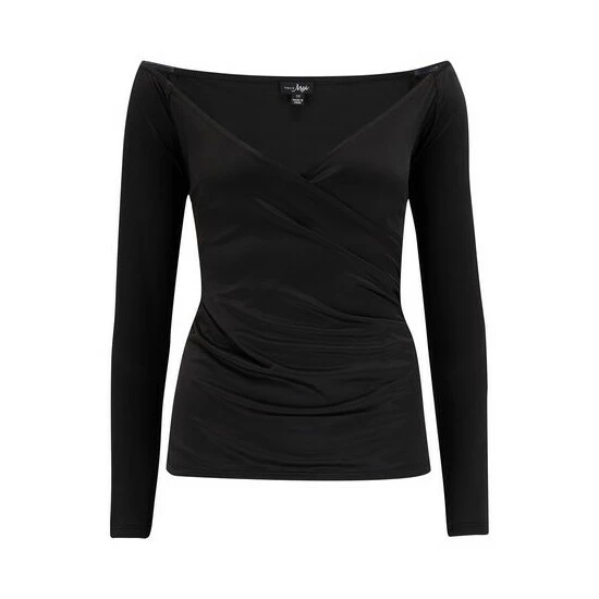 Pour Moi Black Adele Off Shoulder Shine Jersey Long Sleeve Wrap Top 6 Pour Moi Black Adele Off Shoulder Shine Jersey Long Sleeve Wrap Top - Image 6