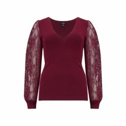 Pour Moi Red Clara Lace Sleeve V Neck Ecovero Knit Top