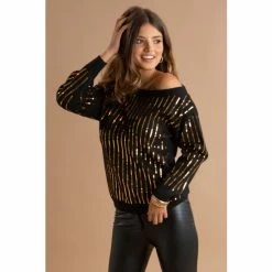 Pour Moi Black Sequin Off Shoulder Knit Jumper