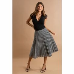 Pour Moi Silver Nina Lame Pleated Midi Skirt