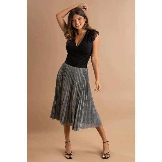 Pour Moi Silver Nina Lame Pleated Midi Skirt 2 Pour Moi Silver Nina Lame Pleated Midi Skirt - Image 2