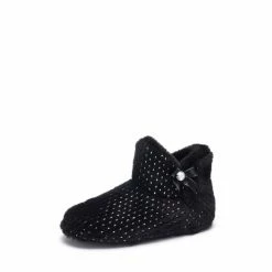 Pour Moi Black Diamante Trim Faux Fur Bootie Slipper
