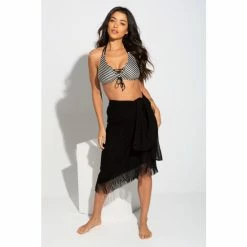 Pour Moi Black Fringe Trim Crinkle Woven Multiway Sarong