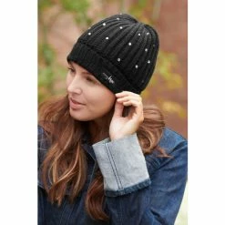 Pour Moi Black Diamante Logo Ribbed Beanie Hat