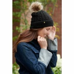 Pour Moi Black Cable Knit Contrast Pom Beanie Hat