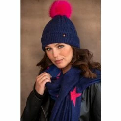 Pour Moi Blue Cable Knit Contrast Pom Beanie Hat